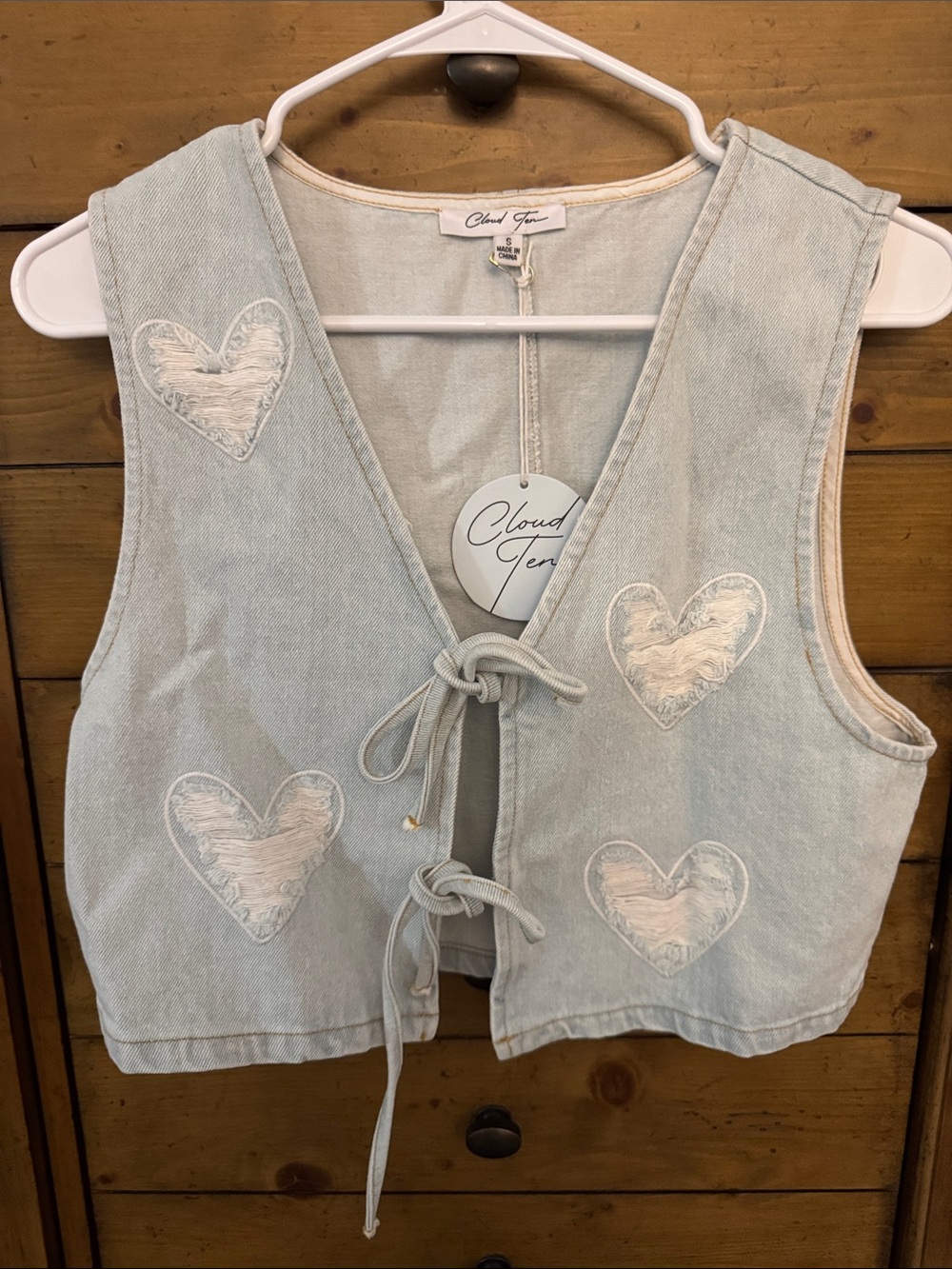 Cloud Ten Light Blue Denim Tie-Front Vest with Heart Appliqué